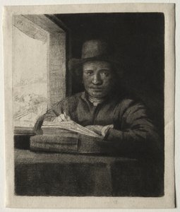 Bir Pencerede Kendi Kendine Portre Çizimi by Rembrandt van Rijn