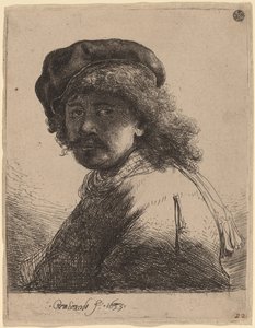 Koyu Yüzlü Şapkalı ve Atkılı Otoportre by Rembrandt van Rijn