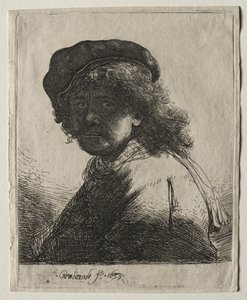 Yüz Karanlık Olan Şapkalı ve Atkılı Otoportre: Göğüs, 1633. by Rembrandt van Rijn