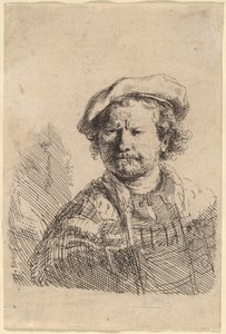Düz Şapkalı ve İşlemeli Elbiseli Otoportre by Rembrandt van Rijn