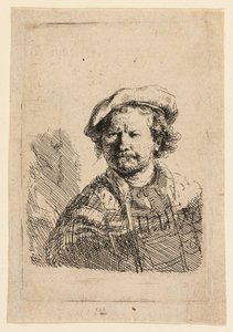 Düz Şapkalı ve İşlemeli Elbiseli Otoportre by Rembrandt van Rijn