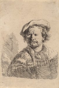 Düz Şapkalı ve İşlemeli Elbiseli Otoportre, c. 1642. by Rembrandt van Rijn