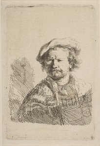 Düz Şapkalı ve İşlemeli Elbiseli Otoportre, yakl. 1642. by Rembrandt van Rijn