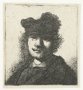 Şapkalı ve koyu renkli pelerinli otoportre: büst by Rembrandt van Rijn