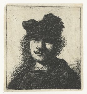 Şapkalı ve koyu renkli pelerinli otoportre: büst by Rembrandt van Rijn