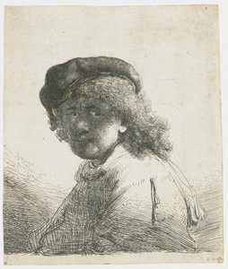 Şapkalı ve atkılı, yüzü koyu renkli otoportre: büst by Rembrandt van Rijn