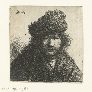 Eğik kürk şapkalı otoportre: büst by Rembrandt van Rijn