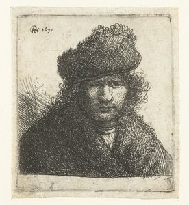 Eğik kürk şapkalı otoportre: büst by Rembrandt van Rijn