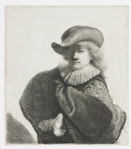 Yumuşak şapkalı ve desenli pelerinli otoportre by Rembrandt van Rijn