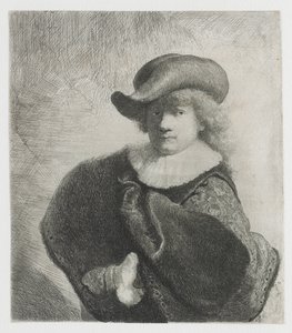 Yumuşak şapkalı ve desenli pelerinli otoportre by Rembrandt van Rijn
