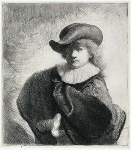 Yumuşak şapkalı ve işlemeli pelerinli otoportre, 1631. by Rembrandt van Rijn
