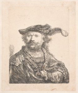 Kadife şapkalı ve tüylü Otoportre, işlemeli elbiseli: büst by Rembrandt van Rijn