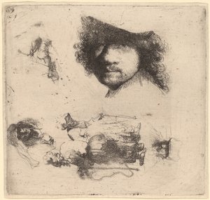Sanatçının Başkanı, Bir Dilenci Çift, Yaşlı Bir Adamın ve Yaşlı Kadının Başkanlarını içeren Çalışmalar Sayfası by Rembrandt van Rijn