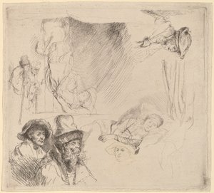 Yatakta Hasta Yatan Bir Kadını İçeren Çalışmalar Sayfası by Rembrandt van Rijn