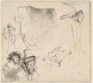 Yatakta Hasta Yatan Bir Kadınla Çalışma Sayfası, vb., yakl. 164142. by Rembrandt van Rijn