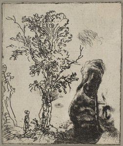 İki Etütlü Levha: Bir Ağaç ve Vel Giyen Bir Rembrandt Başının Üst Kısmı..., ca. 1642. by Rembrandt van Rijn