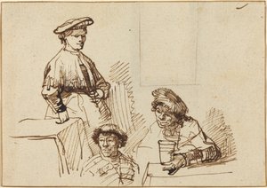 Bir Tavernadan Eskizler: Ayakta Duran Kadın ve Oturan İki Adam by Rembrandt van Rijn