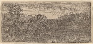 Küçük Gri Manzara: Bir Ev ve Bir Havuzun Yanında Ağaçlar by Rembrandt van Rijn