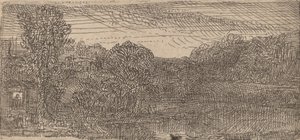 Küçük Gri Peyzaj: Bir Ev ve Bir Havuzun Yanında Ağaçlar, c. 1640. by Rembrandt van Rijn