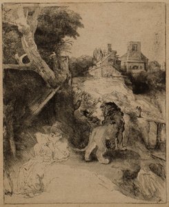 Bir İtalyan Manzarasında Aziz Jerome Okuma by Rembrandt van Rijn