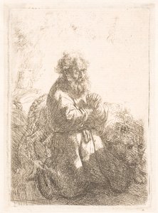 Aziz Jerome dua diz çökmüş, aşağı bakıyor by Rembrandt van Rijn