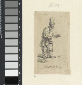 Yüksek Başlığıyla Ayakta Duran, Bir Çubuğa Yaslanmış Çiftçi Recueil de quatre-vingt-cinq orijinalleri estampes (seri başlığı) by Rembrandt van Rijn