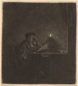 Mum Işığında Bir Masada Öğrenci by Rembrandt van Rijn
