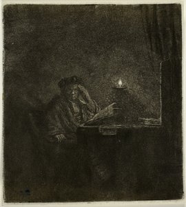Mum Işığında Bir Masada Öğrenci by Rembrandt van Rijn
