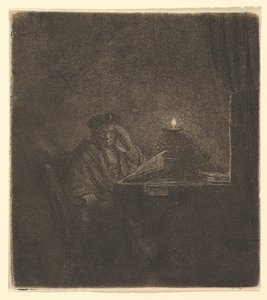 Mum Işığında Bir Masada Öğrenci, ca. 1642. by Rembrandt van Rijn