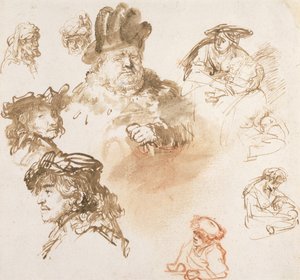 Yaşlı Adam Kafaları ve Çocuklu Üç Kadın Çalışmaları, c.1635-36 (kağıt üzerinde mürekkep ve yıkama) by Rembrandt van Rijn