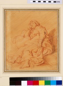 Rachel Figürü Çalışması, c.1621 (turuncu kağıt üzerine siyah ve beyaz tebeşir ile kırmızı tebeşir) by Rembrandt van Rijn