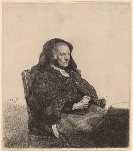 Sanatçının Annesi Bir Masada Oturmuş, Sağa Bakıyor by Rembrandt van Rijn