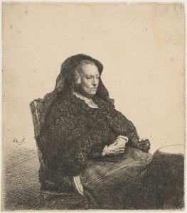 Sanatçının Annesi Bir Masada Oturmuş Sağa Bakıyor: Üç Çeyrek Boy, yakl. 1631. by Rembrandt van Rijn