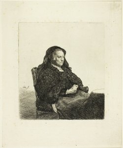 Sanatçının Annesi Bir Masada Oturmuş, Sağa Bakıyor: Üç Çeyrek Boy by Rembrandt van Rijn