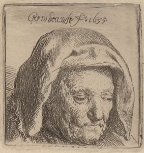 Sanatçının Bez Başlıklı Annesi, Aşağıya Bakma, 1633. by Rembrandt van Rijn