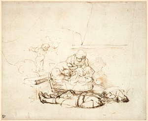 Kutsal Aile uyuyor, meleklerle, 1645 (kağıt üzerine guaj boya ile kalem ve mürekkep) by Rembrandt van Rijn