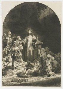 Yüz Guilder Baskısı: İsa'nın vaaz ettiği merkezi parça, plaka kemerli by Rembrandt van Rijn