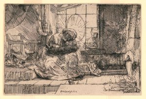Pencerede Kedi ve Yusuf ile Bakire ve Çocuk by Rembrandt van Rijn