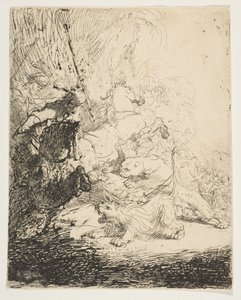 Küçük aslan avı, iki aslanla, ca. 1632. by Rembrandt van Rijn