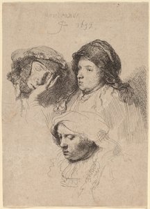 Üç Kadın Başı, Bir Uykuda by Rembrandt van Rijn