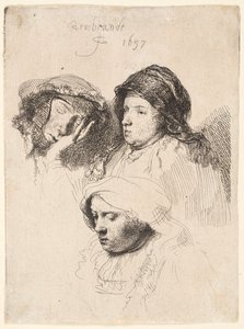 Üç Kadın Başı, Bir Uykuda by Rembrandt van Rijn