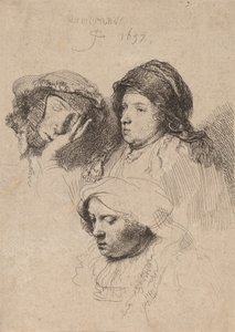 Üç Kadın Başı, Bir Uykuda, 1637. by Rembrandt van Rijn
