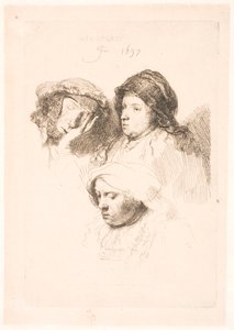 Üç kadın başı, biri uykuda by Rembrandt van Rijn