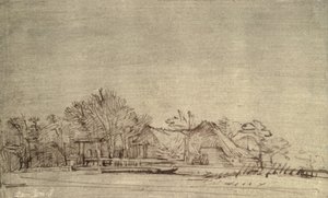 ಮರಗಳ ನಡುವೆ ಕುಟೀರಗಳೊಂದಿಗೆ ಚಳಿಗಾಲದ ಭೂದೃಶ್ಯ, c.1650 (ರೀಡ್ ಪೆನ್ ಮತ್ತು ಕಂದು ಶಾಯಿ) ಟರ್ಕ್ by Rembrandt van Rijn