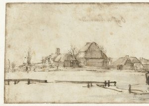 Su Yolu, Kulübeler ve İki Tekne ile Kış Manzarası by Rembrandt van Rijn