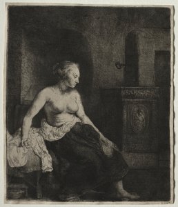 Sobanın Yanında Yarı Giyinmiş Oturan Kadın by Rembrandt van Rijn