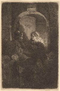 Kapıda Bir Kadın Bir Erkek ve Çocuklarla Konuşuyor (Okul Müdürü) by Rembrandt van Rijn