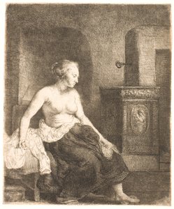 Bir sobanın yanında yarı giyinik oturan kadın by Rembrandt van Rijn