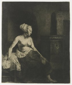 Bir sobanın yanında yarı giyinik oturan kadın by Rembrandt van Rijn
