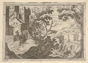 Solda binalar ve sağ altta bir köprü ile manzara, yaklaşık. 1620-50. by Remigio Cantagallina